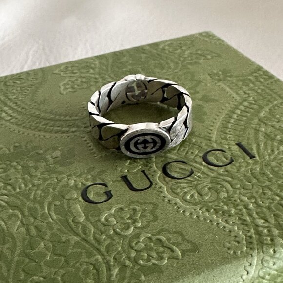 NEW GUCCI INTERLOCKING RING SILVER GG LOGO Black Chain Sz 19 IT 8.75 US Enamel - Picture 3 of 9